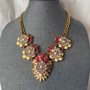 Joan Rivers Floral Statement Necklace | Gold Tone | Pink, Red & Cream